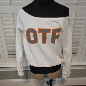 Orangetheory White and Orange Off-Shoulder Sweatshirt